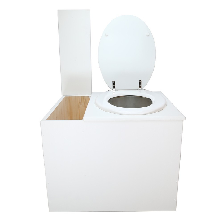  Toilette sèche en bois blanc avec bac intégré. Livré avec bavette inox et seau 22 litres. abattant blanc. modèle rehaussé PMR