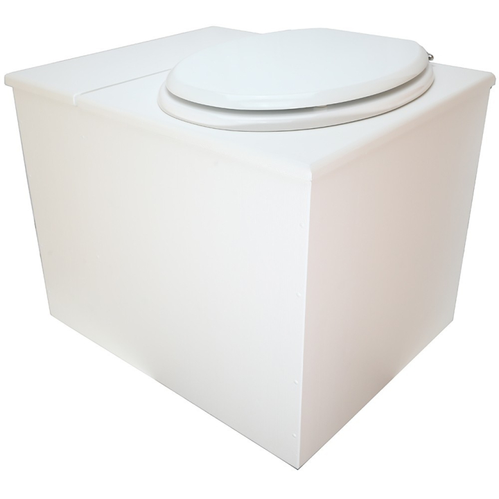  Toilette sèche en bois blanc avec bac intégré. Livré avec bavette inox et seau 22 litres. abattant blanc. modèle rehaussé PMR