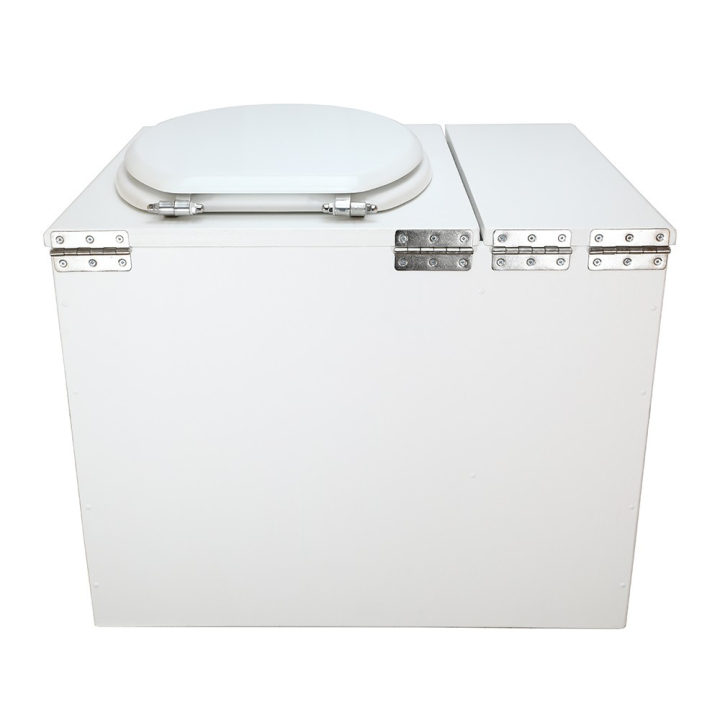  Toilette sèche en bois blanc avec bac intégré. Livré avec bavette inox et seau 22 litres. abattant blanc. modèle rehaussé PMR