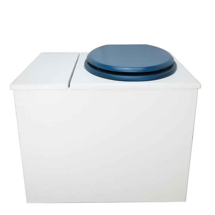  Toilette sèche en bois blanc avec bac intégré. Livré avec bavette inox et seau 22 litres. abattant bleu. modèle rehaussé PMR