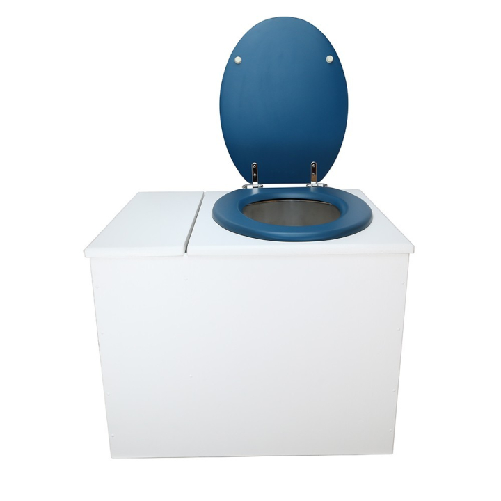  Toilette sèche en bois blanc avec bac intégré. Livré avec bavette inox et seau 22 litres. abattant bleu. modèle rehaussé PMR
