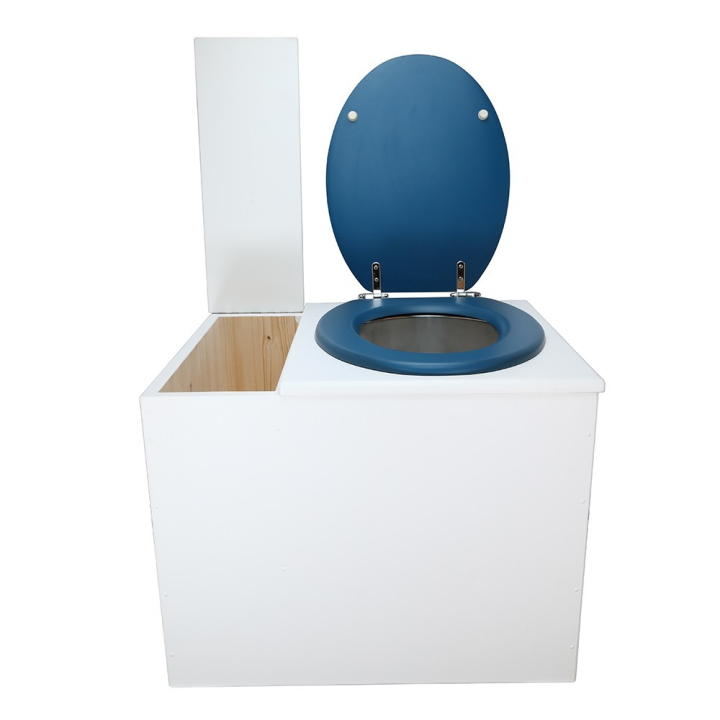  Toilette sèche en bois blanc avec bac intégré. Livré avec bavette inox et seau 22 litres. abattant bleu. modèle rehaussé PMR