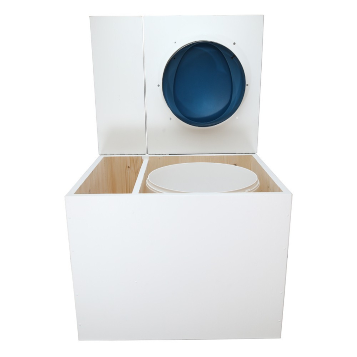  Toilette sèche en bois blanc avec bac intégré. Livré avec bavette inox et seau 22 litres. abattant bleu. modèle rehaussé PMR