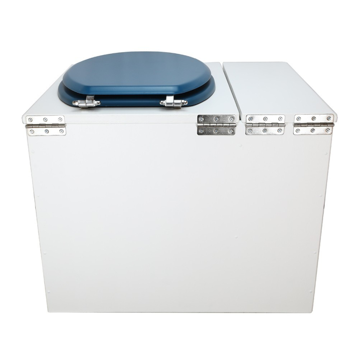  Toilette sèche en bois blanc avec bac intégré. Livré avec bavette inox et seau 22 litres. abattant bleu. modèle rehaussé PMR