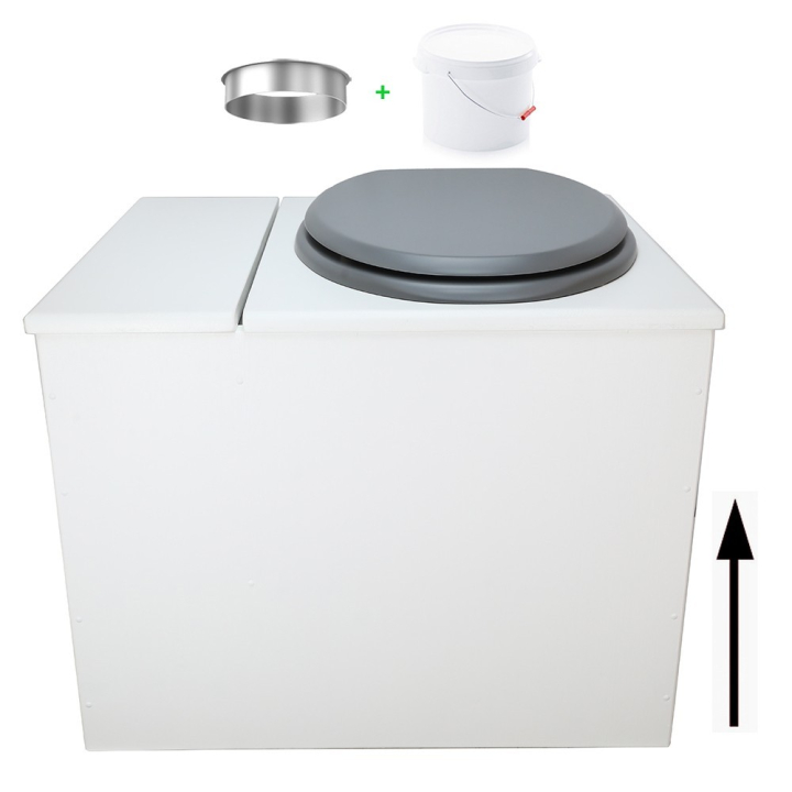 Toilette sèche en bois blanc avec bac intégré. Livré avec bavette inox et seau 22 L. abattant gris. modèle rehaussé PMR