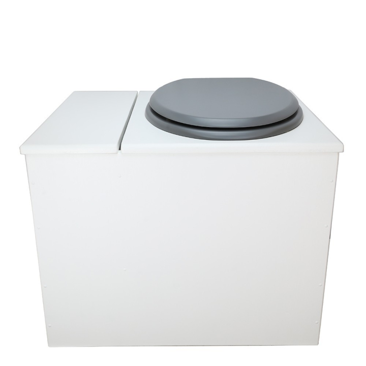  Toilette sèche en bois blanc avec bac intégré. Livré avec bavette inox et seau 22 L. abattant gris. modèle rehaussé PMR