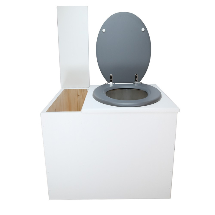  Toilette sèche en bois blanc avec bac intégré. Livré avec bavette inox et seau 22 L. abattant gris. modèle rehaussé PMR