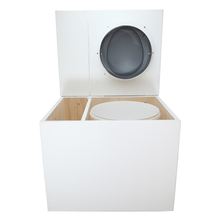 Toilette sèche en bois blanc avec bac intégré. Livré avec bavette inox et seau 22 L. abattant gris. modèle rehaussé PMR