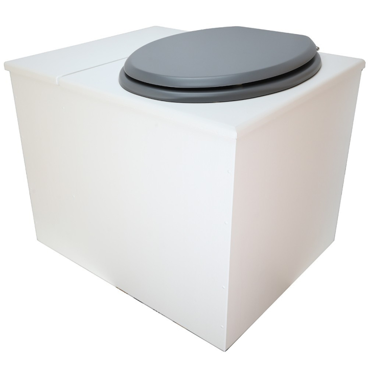  Toilette sèche en bois blanc avec bac intégré. Livré avec bavette inox et seau 22 L. abattant gris. modèle rehaussé PMR