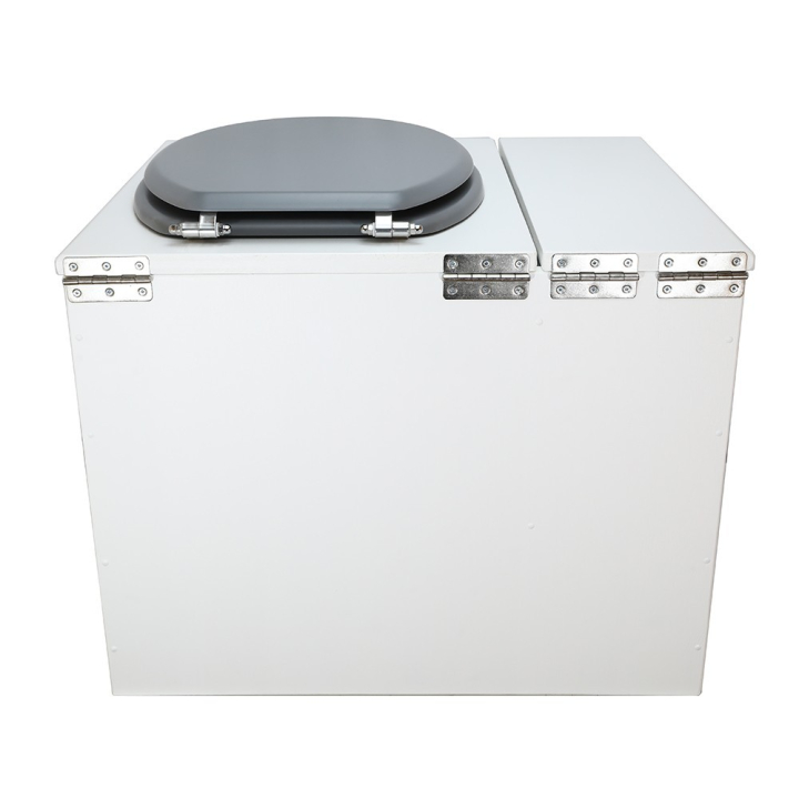  Toilette sèche en bois blanc avec bac intégré. Livré avec bavette inox et seau 22 L. abattant gris. modèle rehaussé PMR
