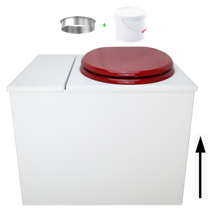 Toilette sèche en bois blanc avec bac intégré. Livré avec bavette inox et seau 22 L. abattant rouge. modèle rehaussé PMR