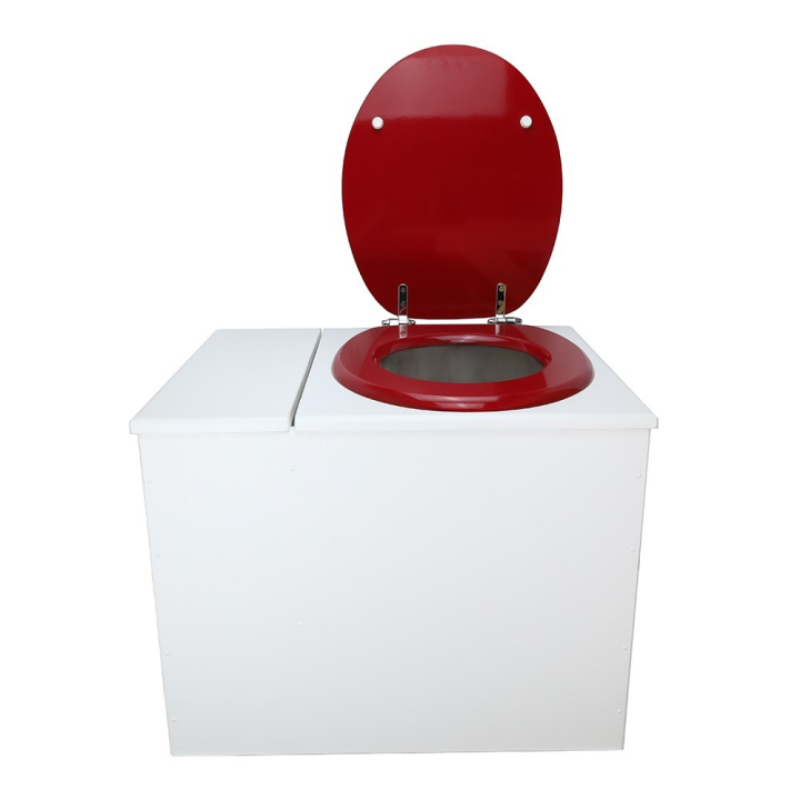  Toilette sèche en bois blanc avec bac intégré. Livré avec bavette inox et seau 22 L. abattant rouge. modèle rehaussé PMR