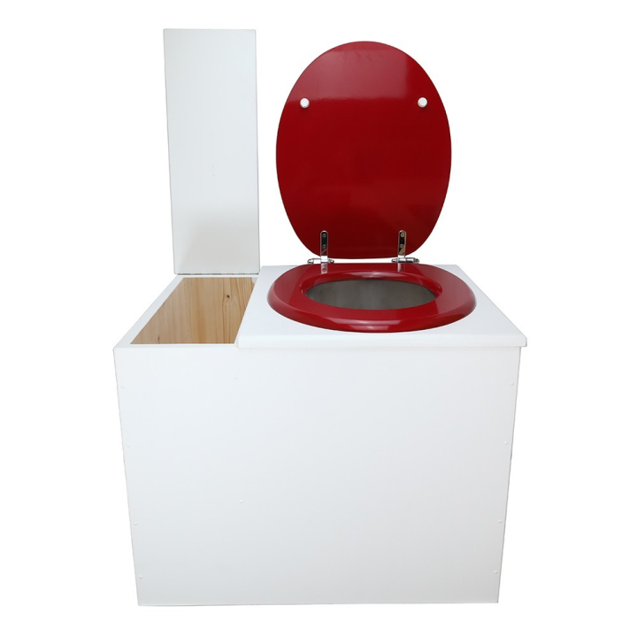  Toilette sèche en bois blanc avec bac intégré. Livré avec bavette inox et seau 22 L. abattant rouge. modèle rehaussé PMR