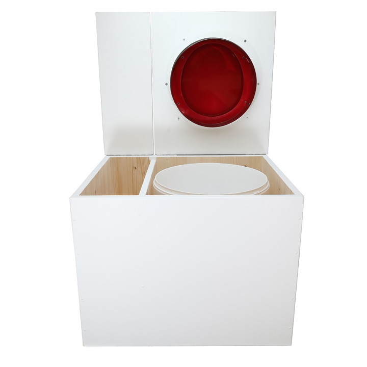  Toilette sèche en bois blanc avec bac intégré. Livré avec bavette inox et seau 22 L. abattant rouge. modèle rehaussé PMR