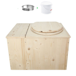 Toilette sèche avec bac à copeaux de bois intégré en bois brut avec bavette inox et seau plastique 22 litres
