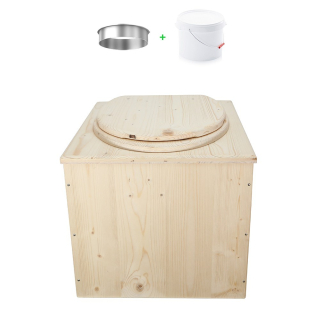 Toilette sèche en bois brut complète avec seau plastique 22L et bavette inox