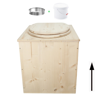Toilette sèche en bois brut complète avec seau plastique 22L et bavette inox - modèle rehaussé PMR