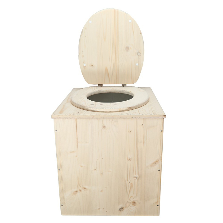  Toilette sèche en bois brut complète avec seau plastique 22L et bavette inox - modèle rehaussé PMR