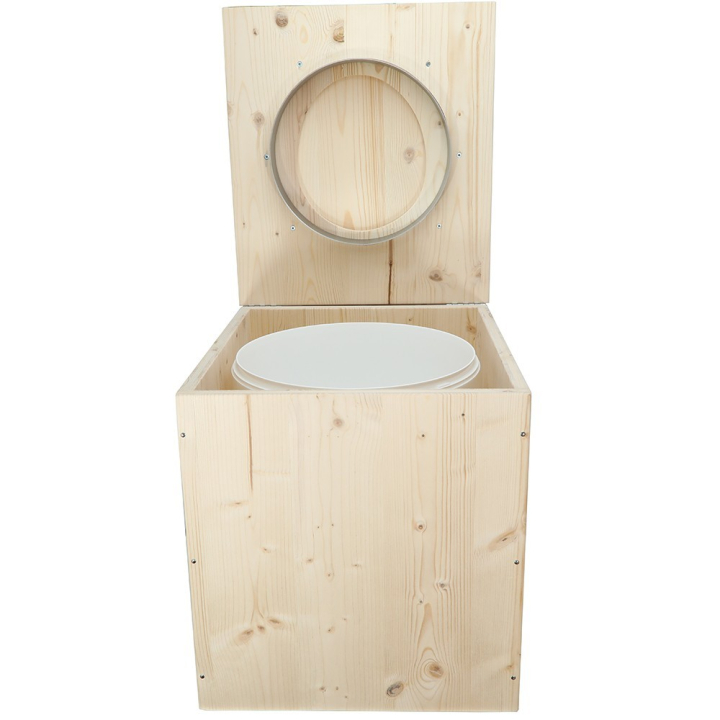  Toilette sèche en bois brut complète avec seau plastique 22L et bavette inox - modèle rehaussé PMR