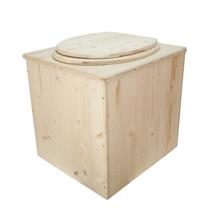  Toilette sèche en bois brut complète avec seau plastique 22L et bavette inox - modèle rehaussé PMR