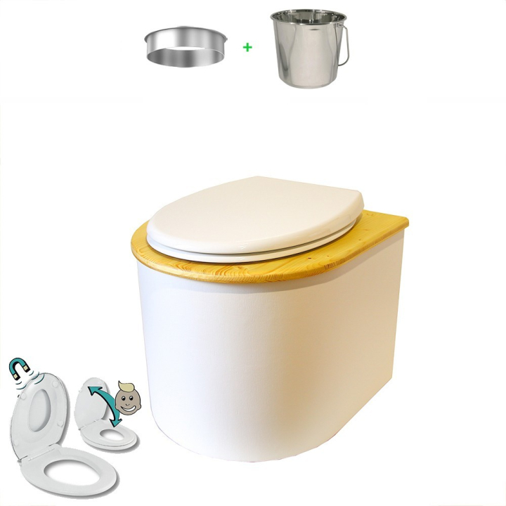 Toilette sèche en bois blanc arrondie avec couvercle huilé