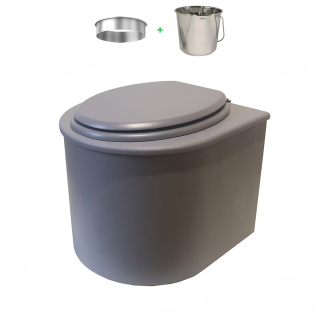 Toilette sèche en bois arrondie grise avec seau inox et bavette inox. Abattant gris