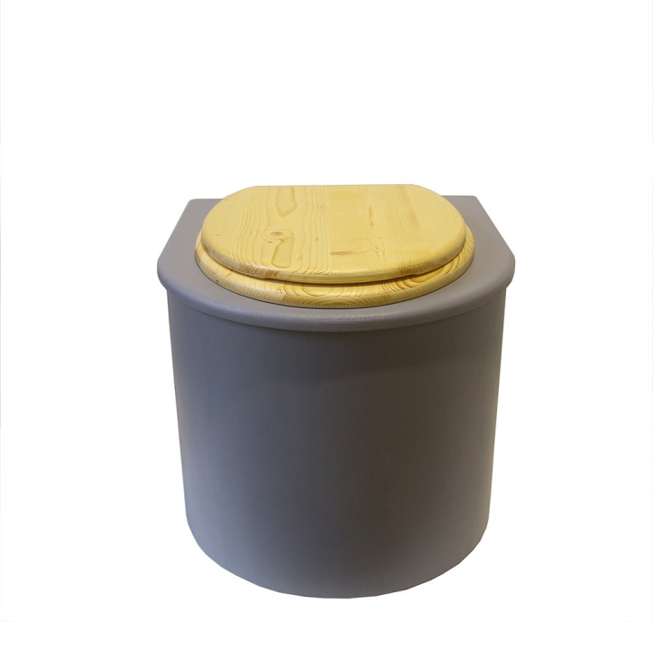  Toilette sèche en bois arrondie grise avec seau inox et bavette inox. Abattant bois huilé