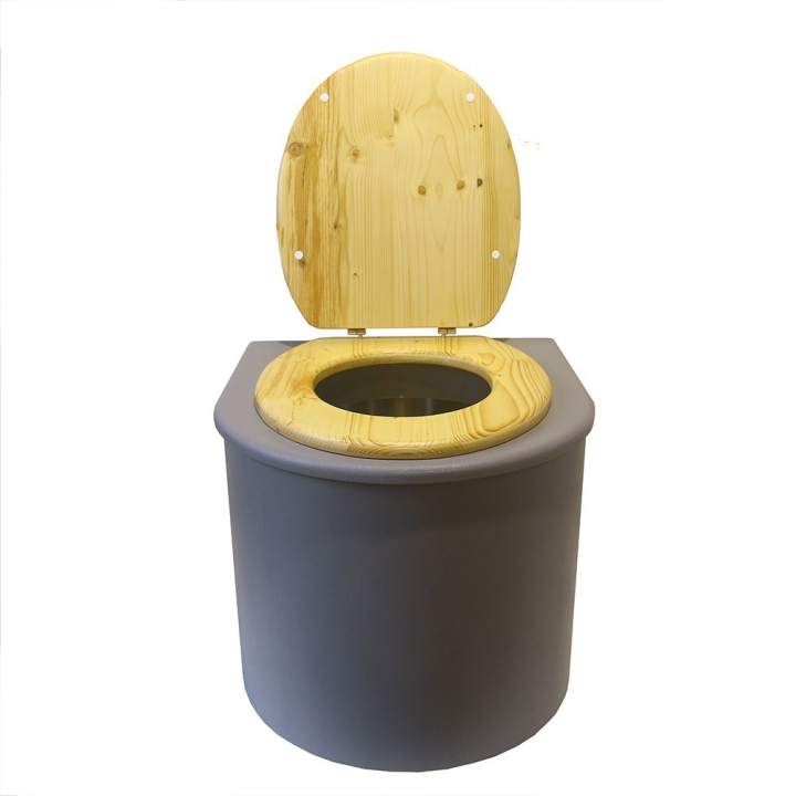  Toilette sèche en bois arrondie grise avec seau inox et bavette inox. Abattant bois huilé