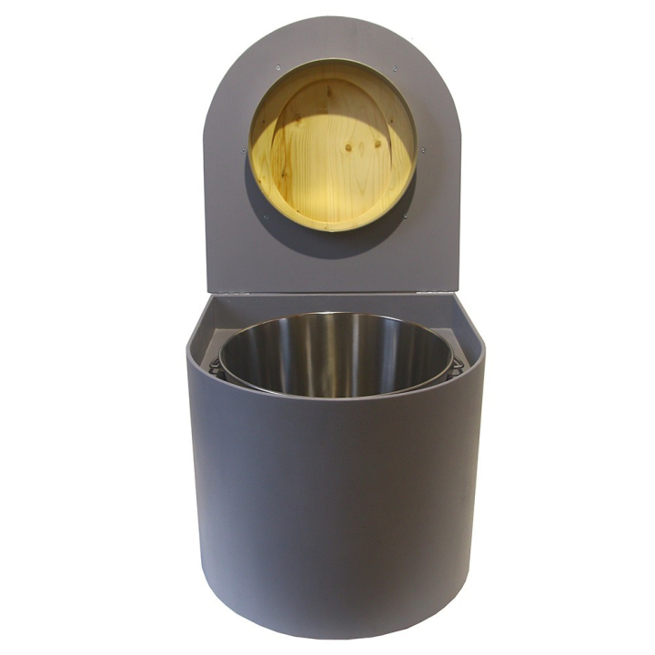  Toilette sèche en bois arrondie grise avec seau inox et bavette inox. Abattant bois huilé