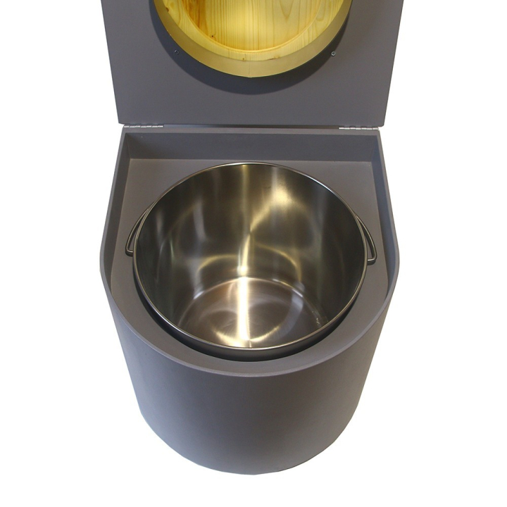  Toilette sèche en bois arrondie grise avec seau inox et bavette inox. Abattant bois huilé