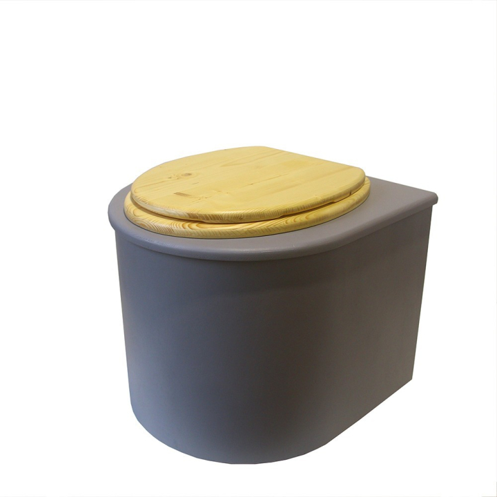  Toilette sèche en bois arrondie grise avec seau inox et bavette inox. Abattant bois huilé