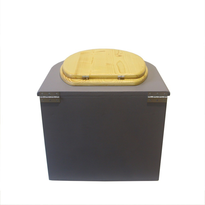  Toilette sèche en bois arrondie grise avec seau inox et bavette inox. Abattant bois huilé
