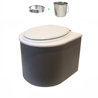 Toilette sèche en bois arrondie gris/blanc avec seau inox et bavette inox. Abattant bois blanc