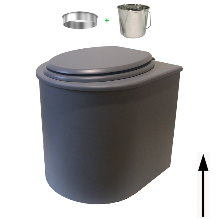 Toilette sèche rehaussée en bois arrondie grise avec seau inox et bavette inox. Abattant gris