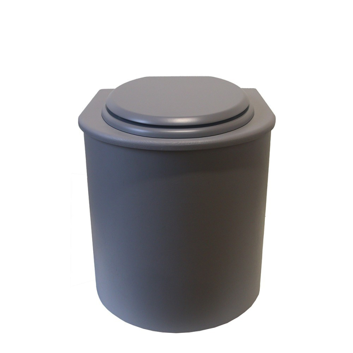  Toilette sèche rehaussée en bois arrondie grise avec seau inox et bavette inox. Abattant gris