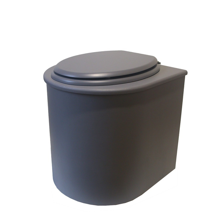  Toilette sèche rehaussée en bois arrondie grise avec seau inox et bavette inox. Abattant gris