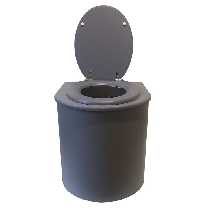  Toilette sèche rehaussée en bois arrondie grise avec seau inox et bavette inox. Abattant gris
