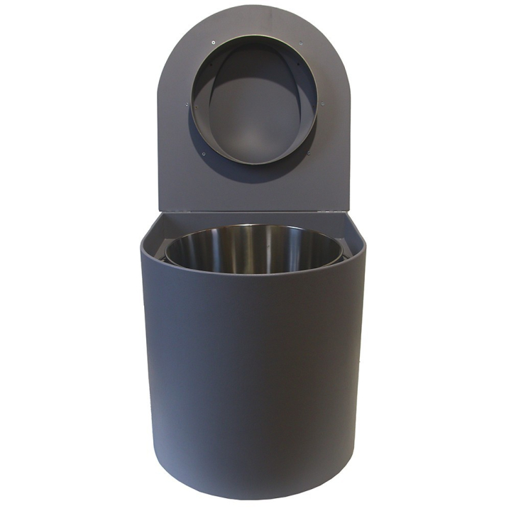  Toilette sèche rehaussée en bois arrondie grise avec seau inox et bavette inox. Abattant gris