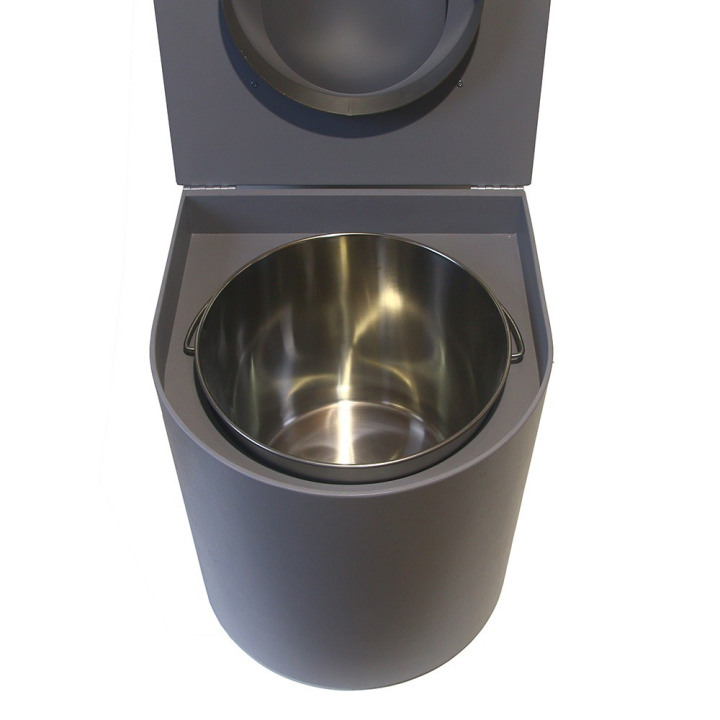  Toilette sèche rehaussée en bois arrondie grise avec seau inox et bavette inox. Abattant gris