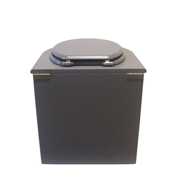  Toilette sèche rehaussée en bois arrondie grise avec seau inox et bavette inox. Abattant gris