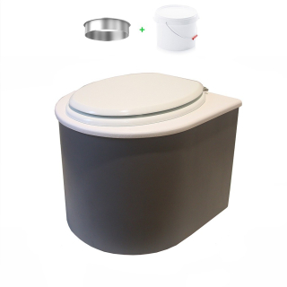 Toilette sèche en bois arrondie gris/blanc avec seau 22L plastique et bavette inox. Abattant blanc