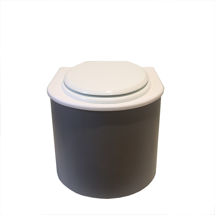  Toilette sèche en bois arrondie gris/blanc avec seau 22L plastique et bavette inox. Abattant blanc