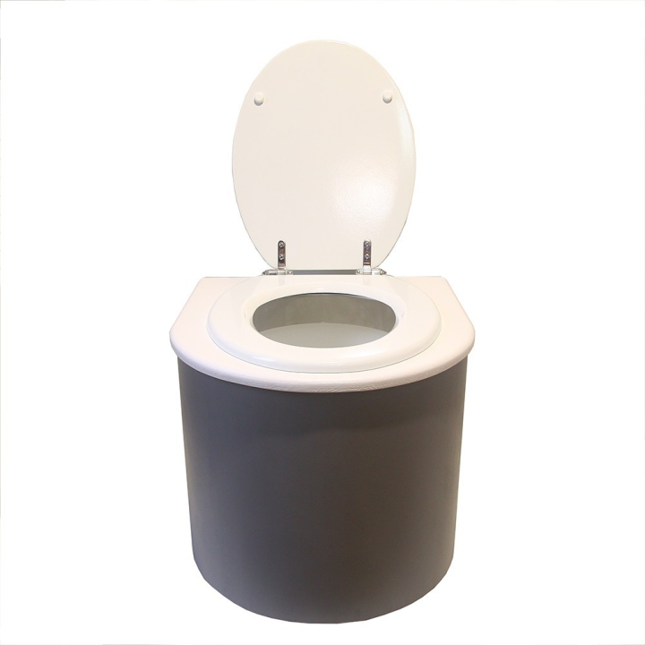  Toilette sèche en bois arrondie gris/blanc avec seau 22L plastique et bavette inox. Abattant blanc