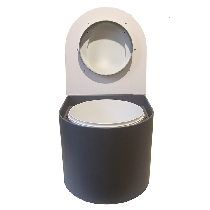  Toilette sèche en bois arrondie gris/blanc avec seau 22L plastique et bavette inox. Abattant blanc