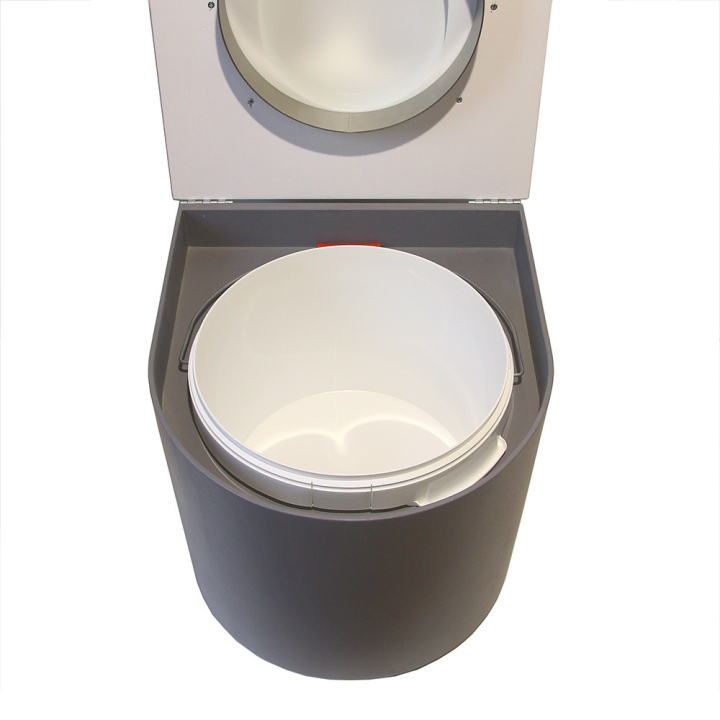  Toilette sèche en bois arrondie gris/blanc avec seau 22L plastique et bavette inox. Abattant blanc