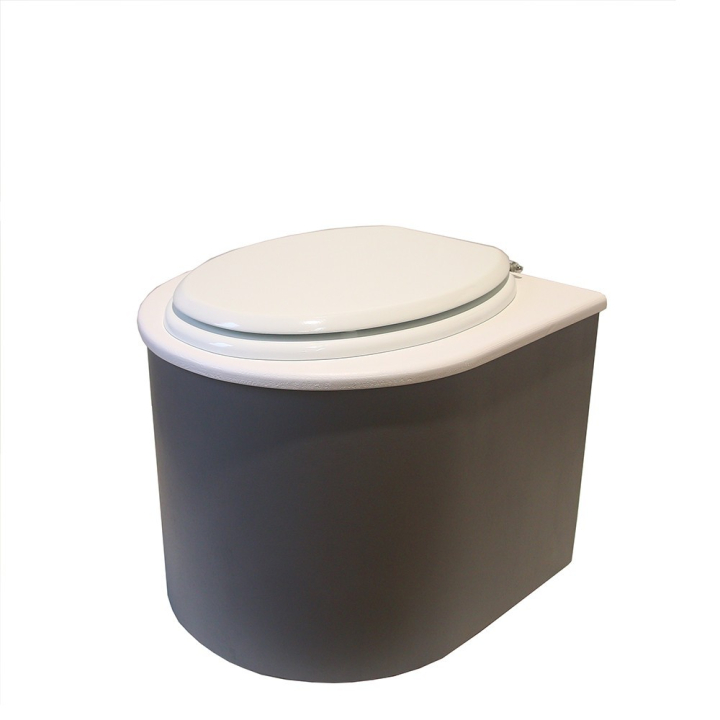  Toilette sèche en bois arrondie gris/blanc avec seau 22L plastique et bavette inox. Abattant blanc