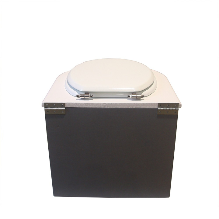  Toilette sèche en bois arrondie gris/blanc avec seau 22L plastique et bavette inox. Abattant blanc
