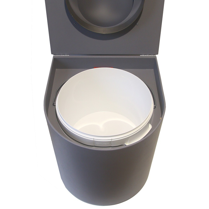  Toilette sèche rehaussée en bois arrondie grise avec seau 22L plastique et bavette inox. Abattant gris