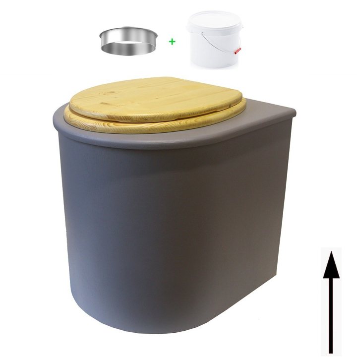 Toilette sèche rehaussée en bois arrondie grise avec seau 22L plastique et bavette inox. Abattant bois huilé