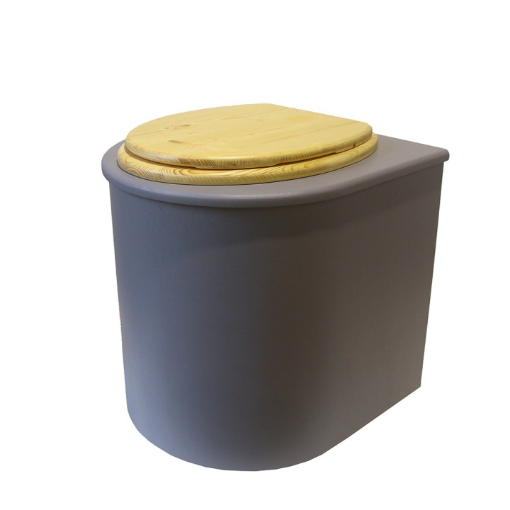  Toilette sèche rehaussée en bois arrondie grise avec seau 22L plastique et bavette inox. Abattant bois huilé
